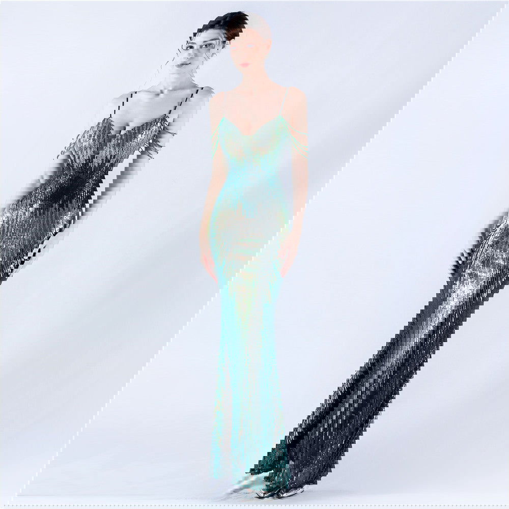 Dress Positioning Floral Sequin Craft Beaded Strap Evening Dress