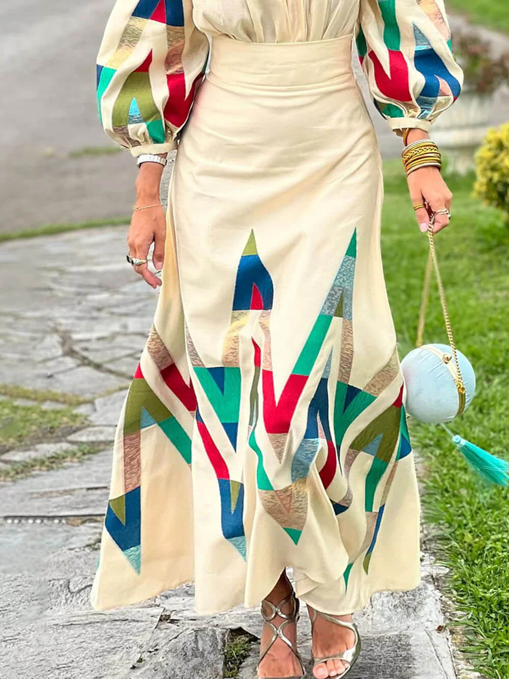 Elegant Floral Square-Neck V-Neck Ruched Lantern Sleeve Blouse