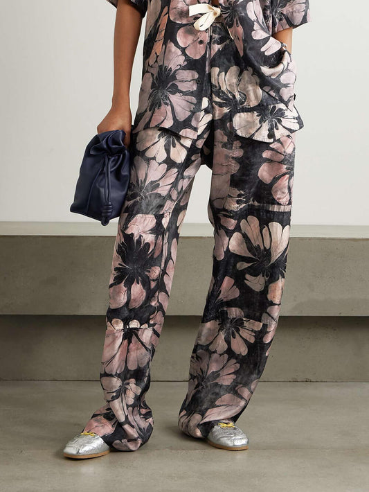 Unique Floral Print Satin Button-Down Loose-Fitting Shirt