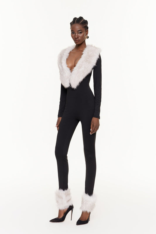 Eileifr Plunge Faux Fur Jumpsuit