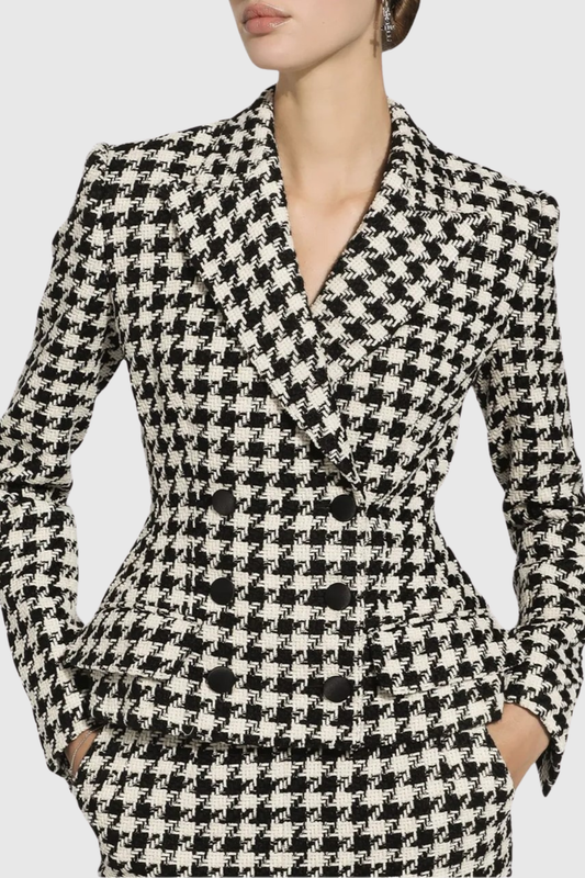 Eisa Houndstooth Tweed Jacket & Midi Skirt Set