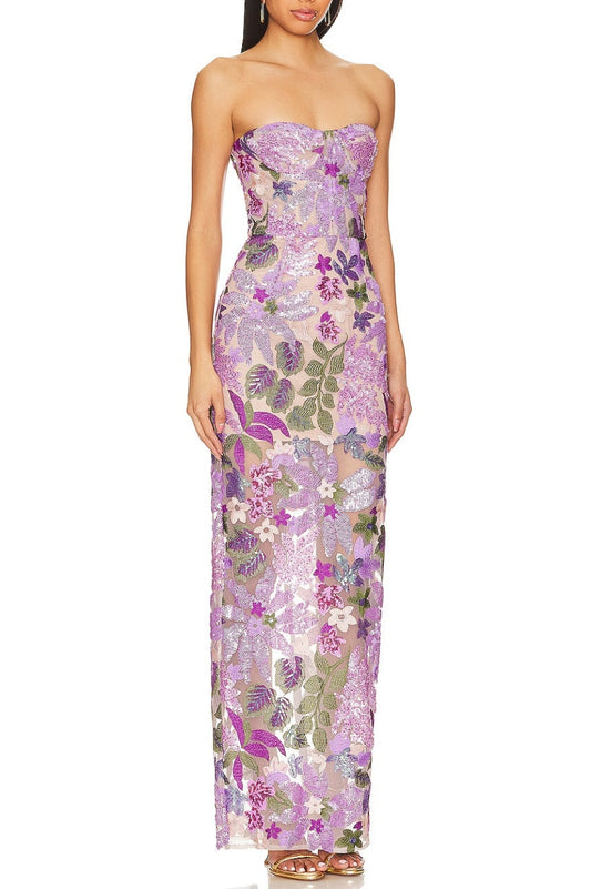 Elara Floral Sequin Embroidered Strapless Maxi Dress - Purple