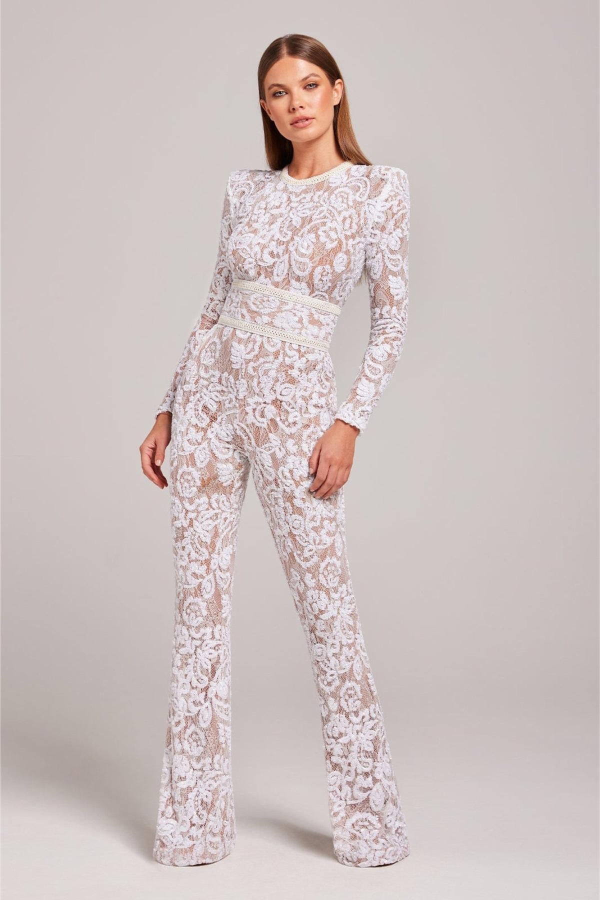 Nocturne Lace Sequin Jumpsuit | High Waist | Long Sleeve | Flared Leg