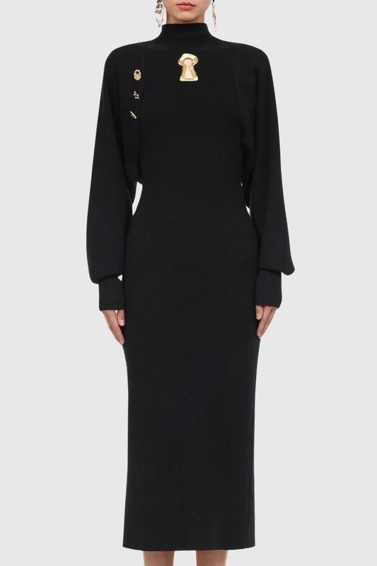 Ezrah Keyhole Sleeveless Knit Midi Dress & Cardigan Set - Black