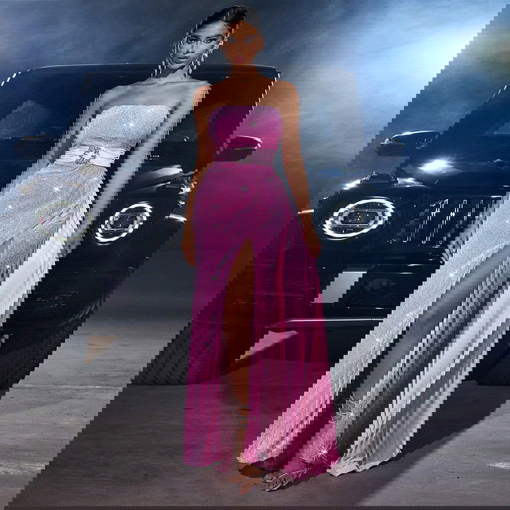 Fall Velvet Sequined Cinched Waist Slim Fit Tube Top Cocktail Dress