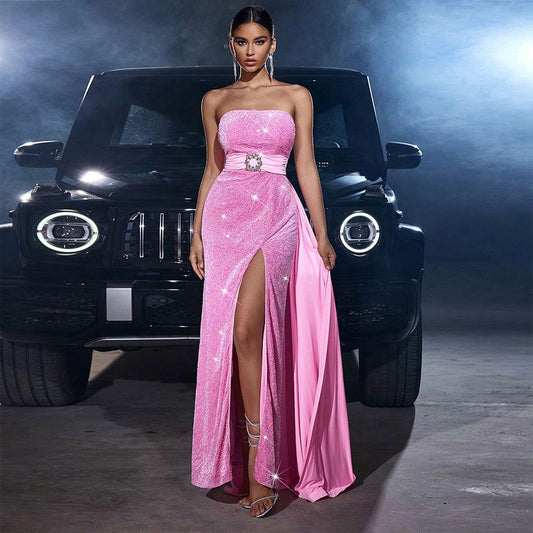 Fall Velvet Sequined Cinched Waist Slim Fit Tube Top Cocktail Dress