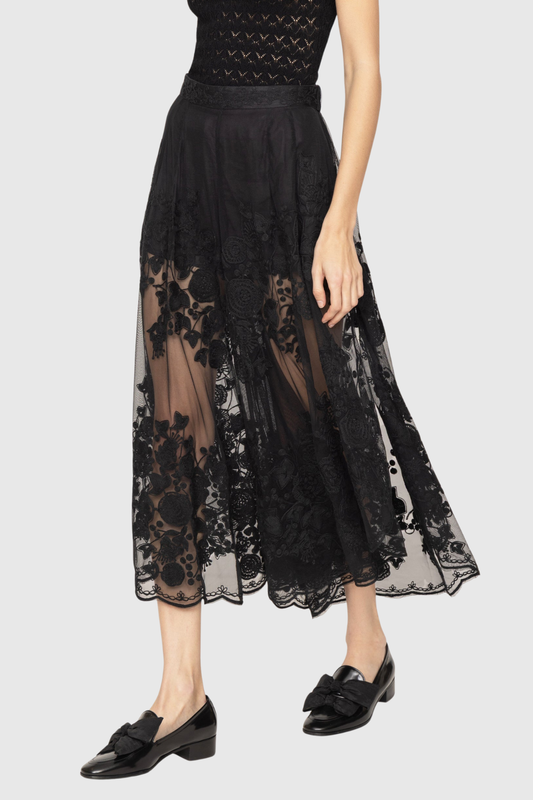 Faunus Embroidered Floral Mesh Maxi Skirt In Black