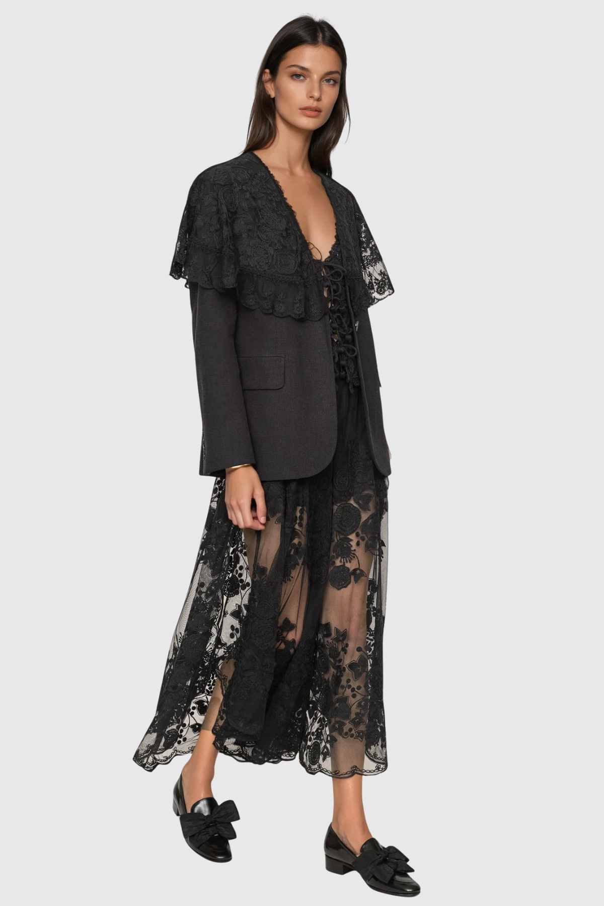 Faunus Embroidered Floral Mesh Maxi Skirt In Black