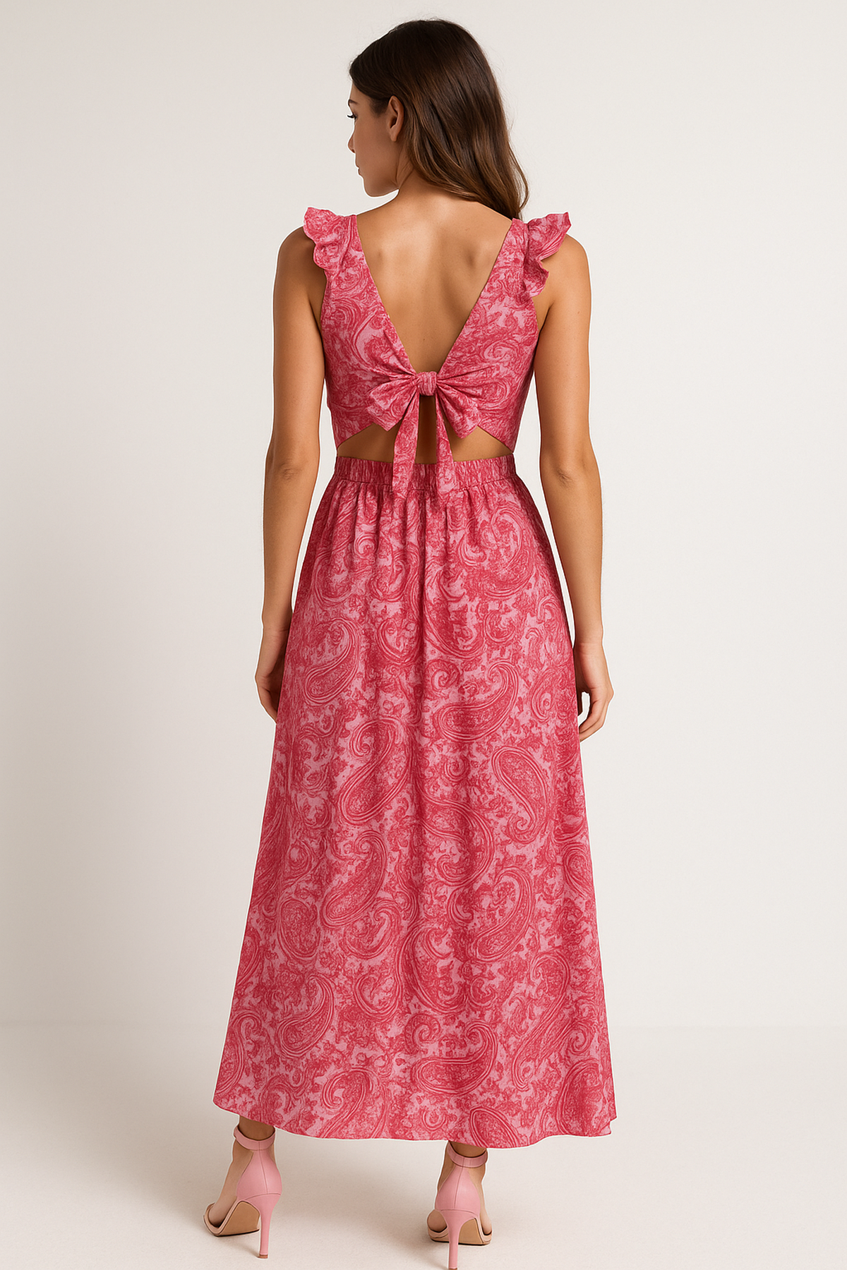 Paisley V-Neck Maxi Dress | Cut-Out Waist | Ruffled Hem