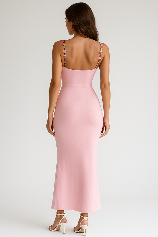 Aurora Floral Appliqué Bodycon Maxi Dress | Spaghetti Straps | Wrap Waist