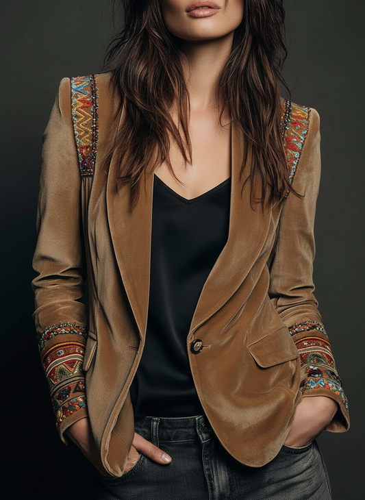 Polyester velvet Embroidered Blazer With Bohemian Detailing