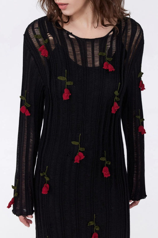 Hilaria Rose Handcrafted Knit Midi Dress - Black