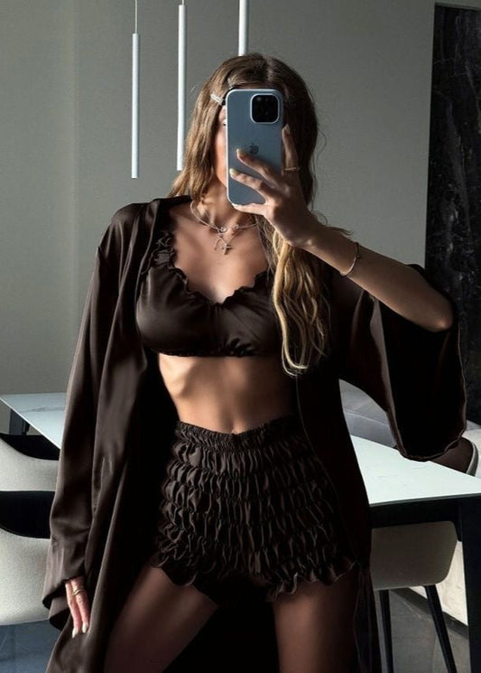 Satin 3-Piece Loungewear Set – Bralette, High-Waist Shorts & Long Robe