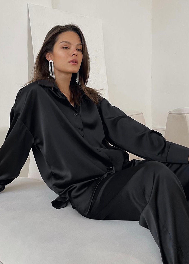 Blush Satin Relaxed Two-Piece Set – Button Shirt & Wide-Leg Pants