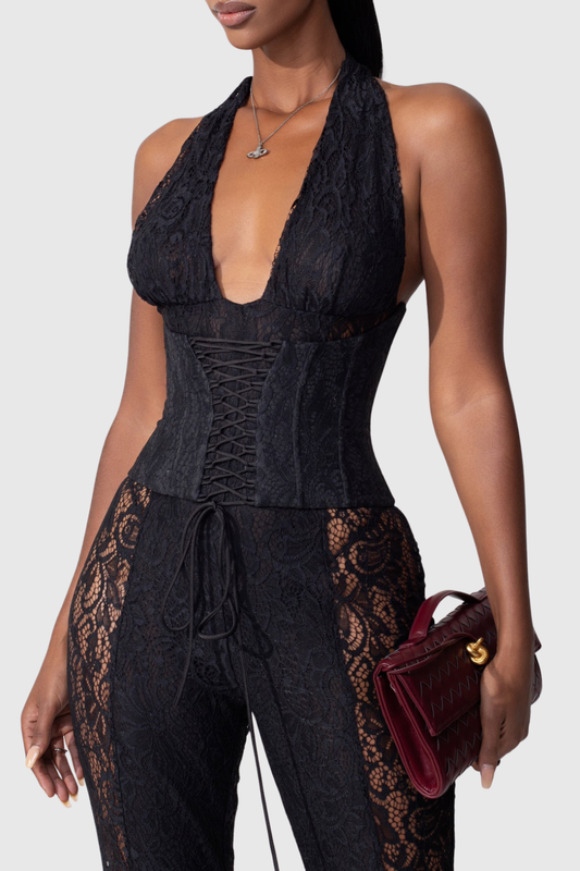 Isaias Lace Corset Jumpsuit - Black