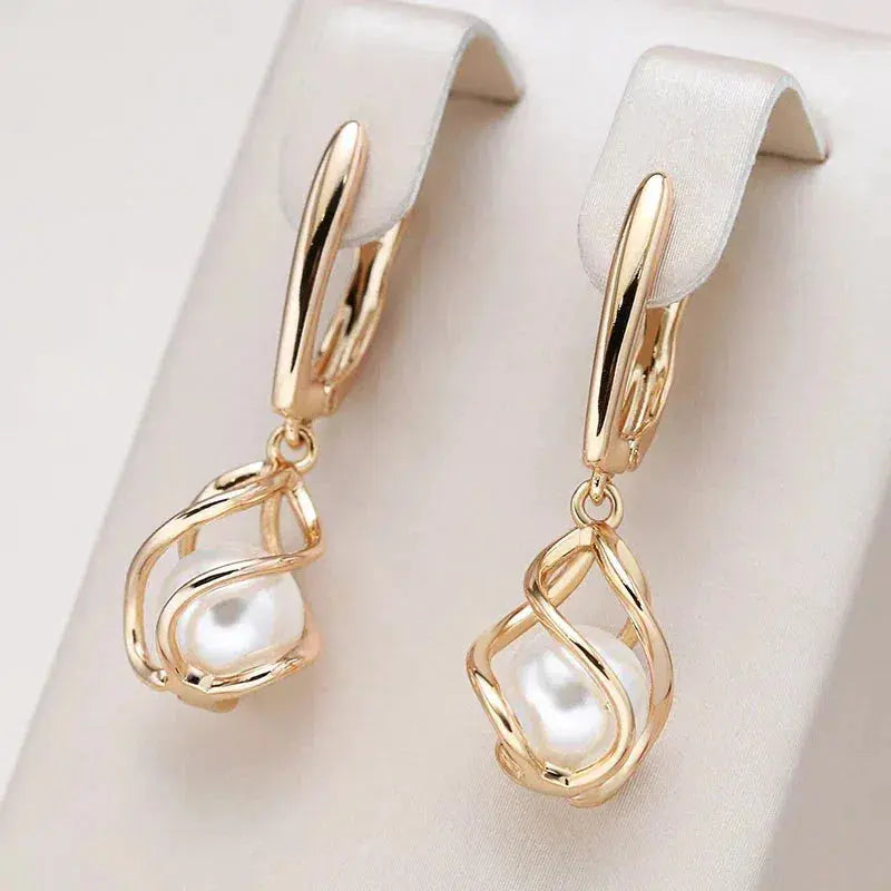 Gold Drop Earrings | Hollow Frame with Pearl Centre