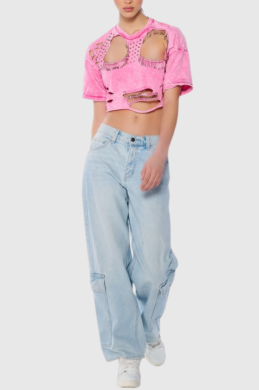 Kira Cutout Paperclip Embellished T-shirt - Pink