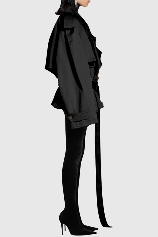 Lisane Double Breasted Short Trench Coat - Black