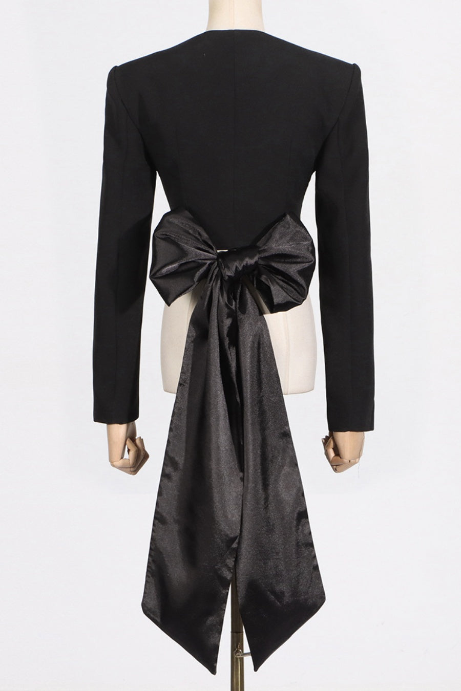 Maelie Bow Detail Satin Crop Blazer - Black