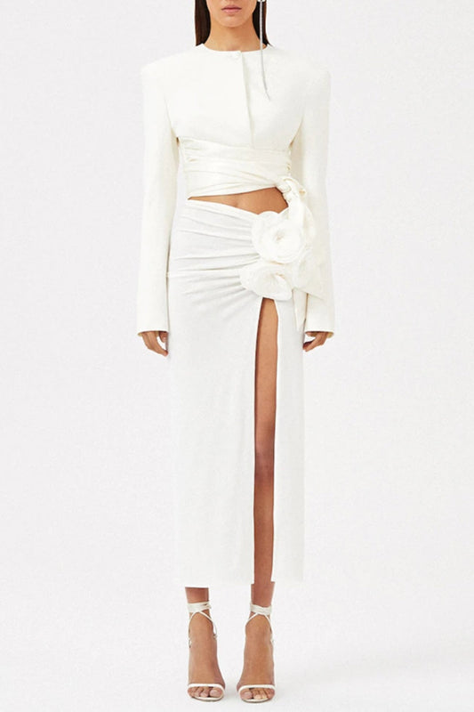 Maelie Bow Detail Satin Crop Blazer - White