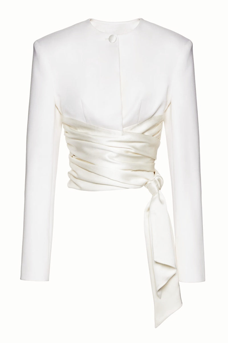Maelie Bow Detail Satin Crop Blazer - White