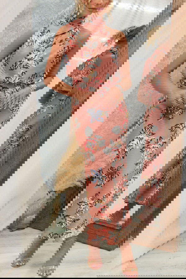 Mature Elegant Sleeveless Halter Printed Satin Dress