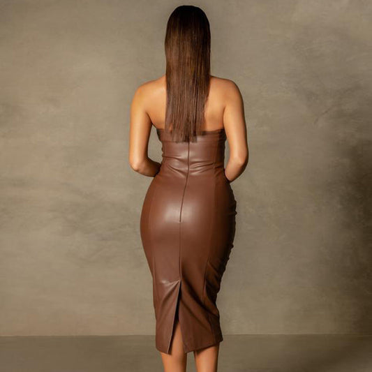 Solid Color Faux Leather Elegant Slim-Fit Tube Top Back Slit Midi Dress