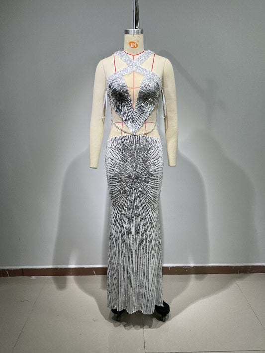 Silver Beaded Diamond Sequin Gauze Cami Dress Backless Red Carpet Dinner Dress