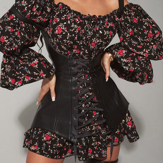 Long Sleeve Floral Dress with Vest Waist Tight Slimming A line Dress