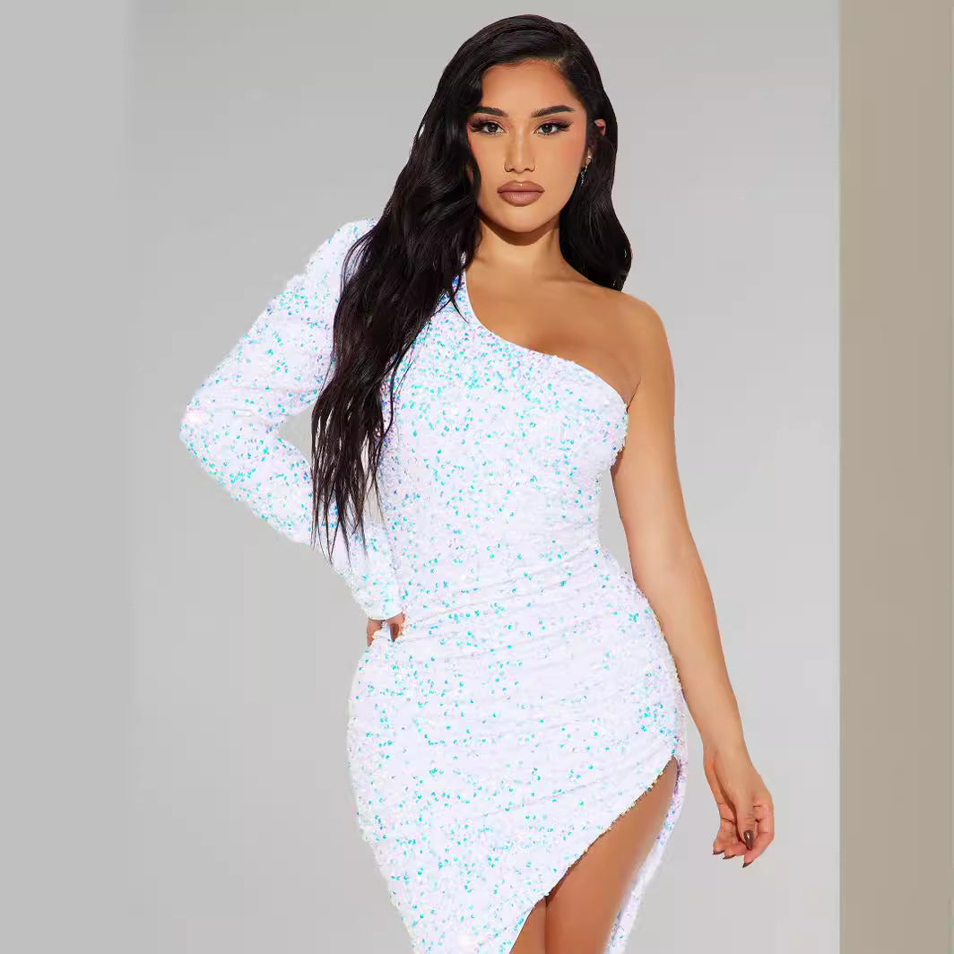 Sequined One Shoulder Long Sleeve High Slit Dress Long
