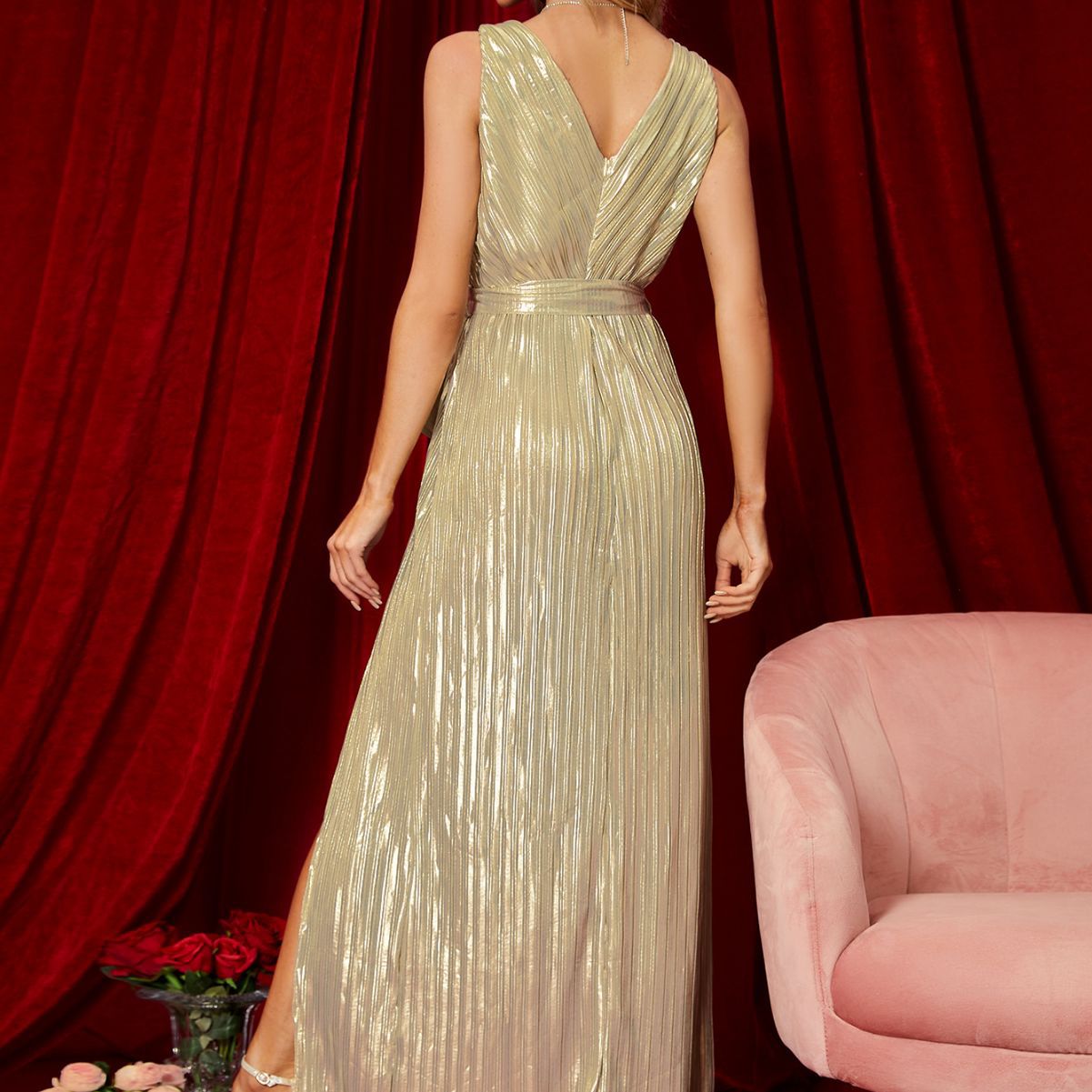 Split Sequin Formal Dress Waist Waist Controlled Lace up Sleeveless Dress