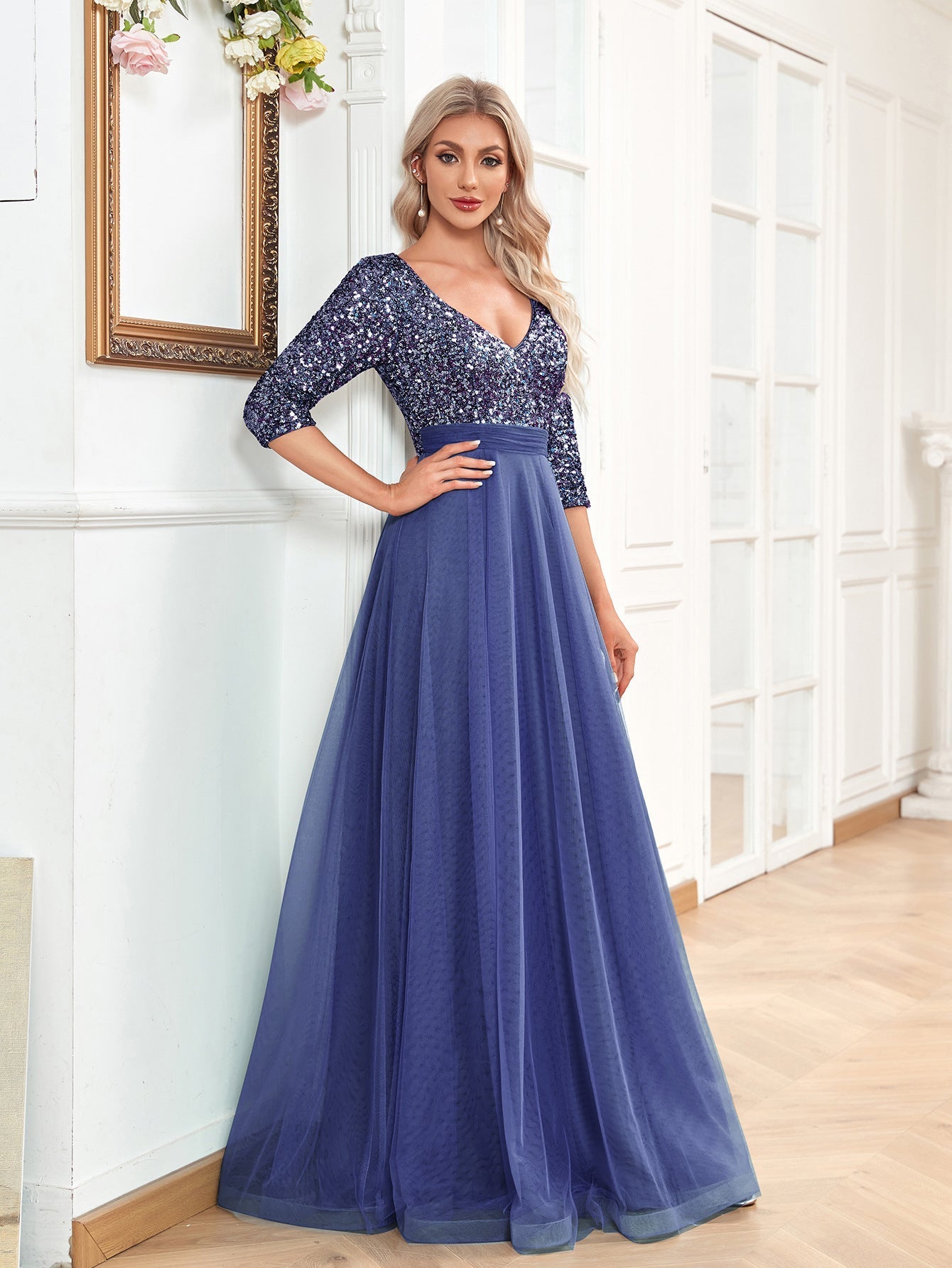 V neck Short Sleeve Sequined Tulle A line Floor Elegant Prom Evening Party Dress