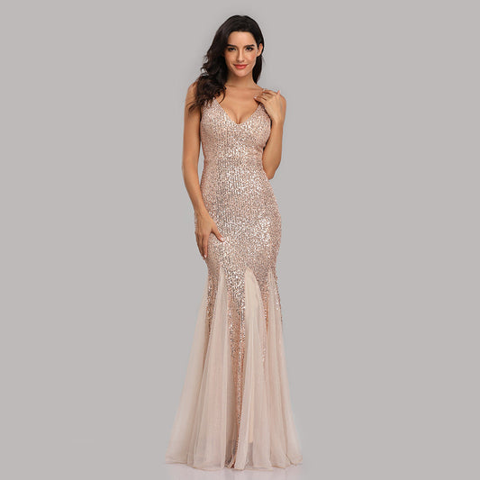 Sequin Stitching Mesh Mermaid Evening Dress Double V Neck Sleeveless Bridesmaid Elastic Dress