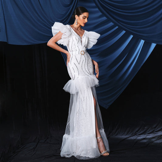 Sleeveless Elegant V Neck Long Sequined Cocktail Fishtail Evening Dress Bridesmaid Dress