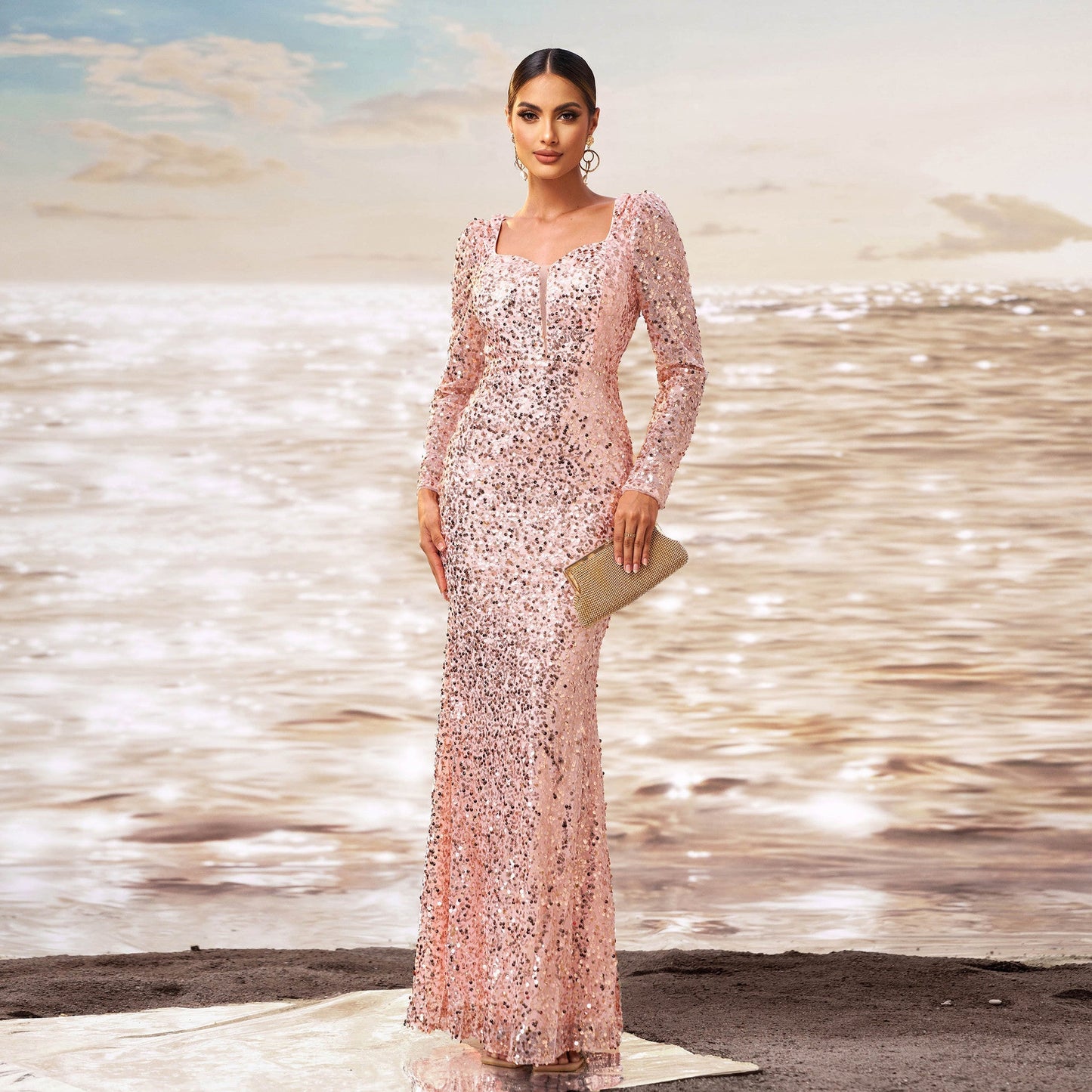 High End Long Sleeve Square Neck Cocktail Sequined Sheath Fishtail Evening Dress Bridesmaid Dress