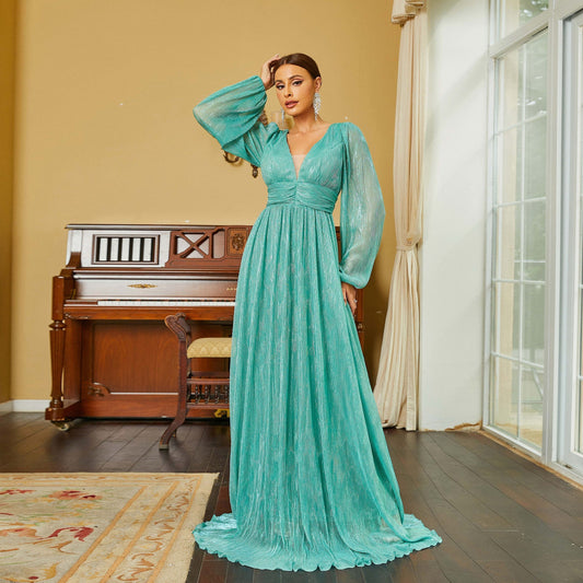 Long Sleeve Elegant V Neck Long Bohemian Large Swing Evening Dress Bridesmaid Dress