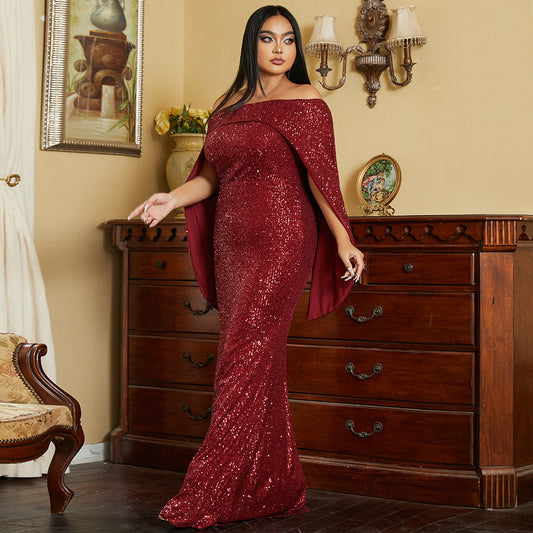 Plus Size Long Sleeve off Shoulder Long Cocktail Sequined Bridesmaid Dress Evening