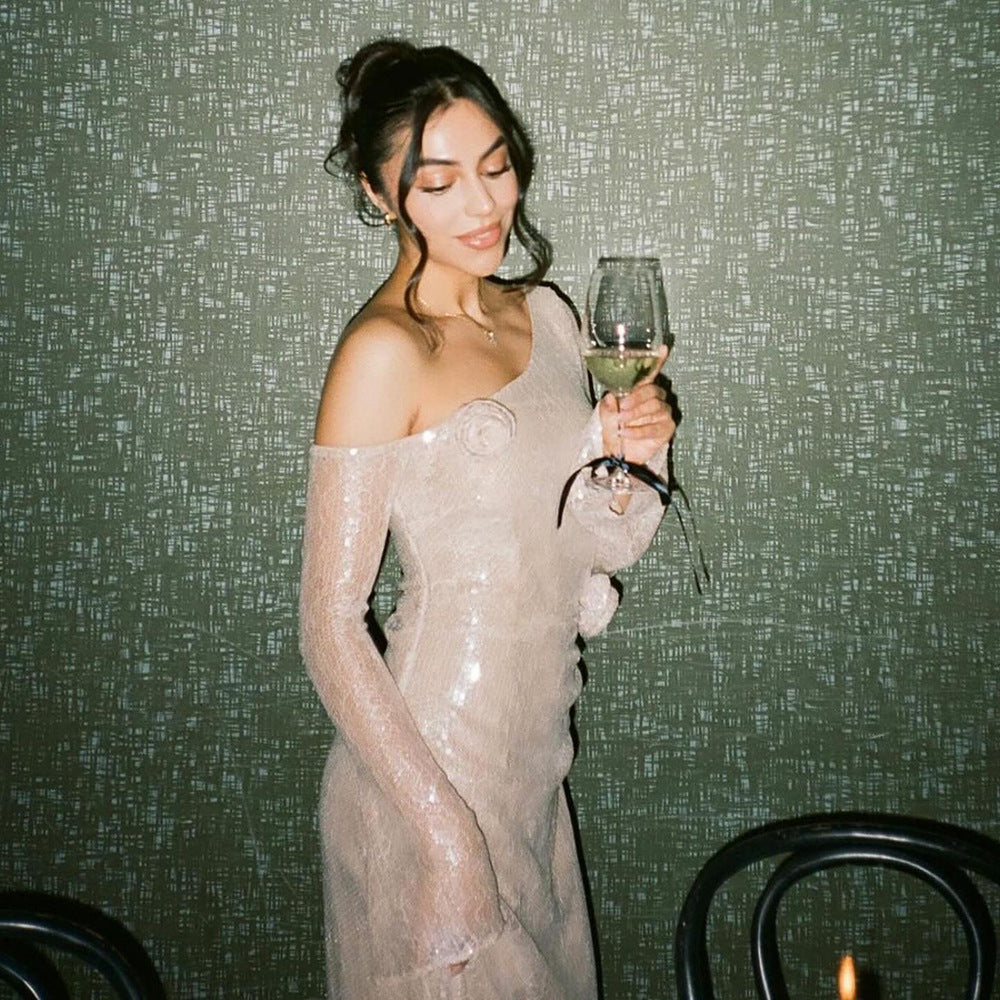 Long Sleeve See through Hollow Out Cutout Party Lace Sequin