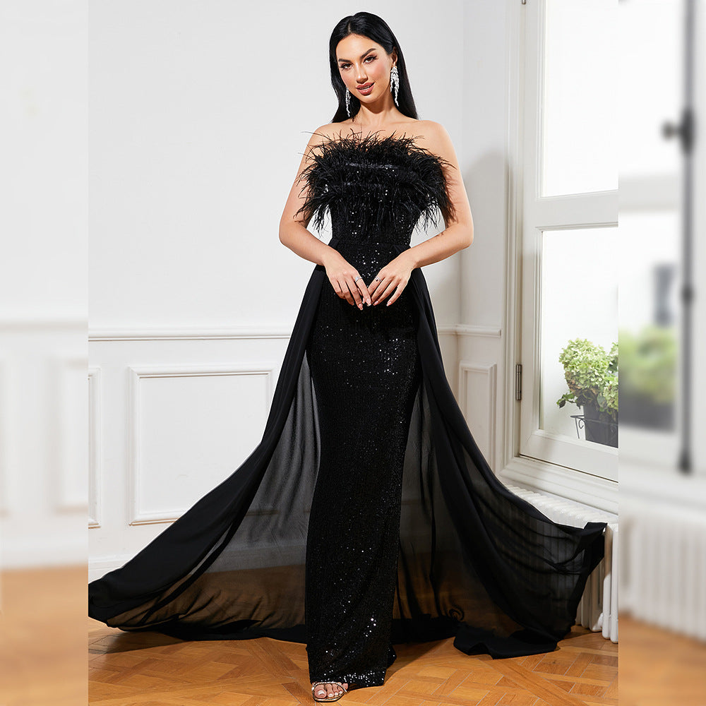Long Sequined Sleeveless Feather Wrapped Chest Backless Cocktail Evening Dress Bridesmaid Bodycon Maxi