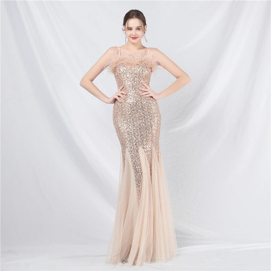 Craft Order Ostrich Feather Mesh Sequined Long Evening Dress