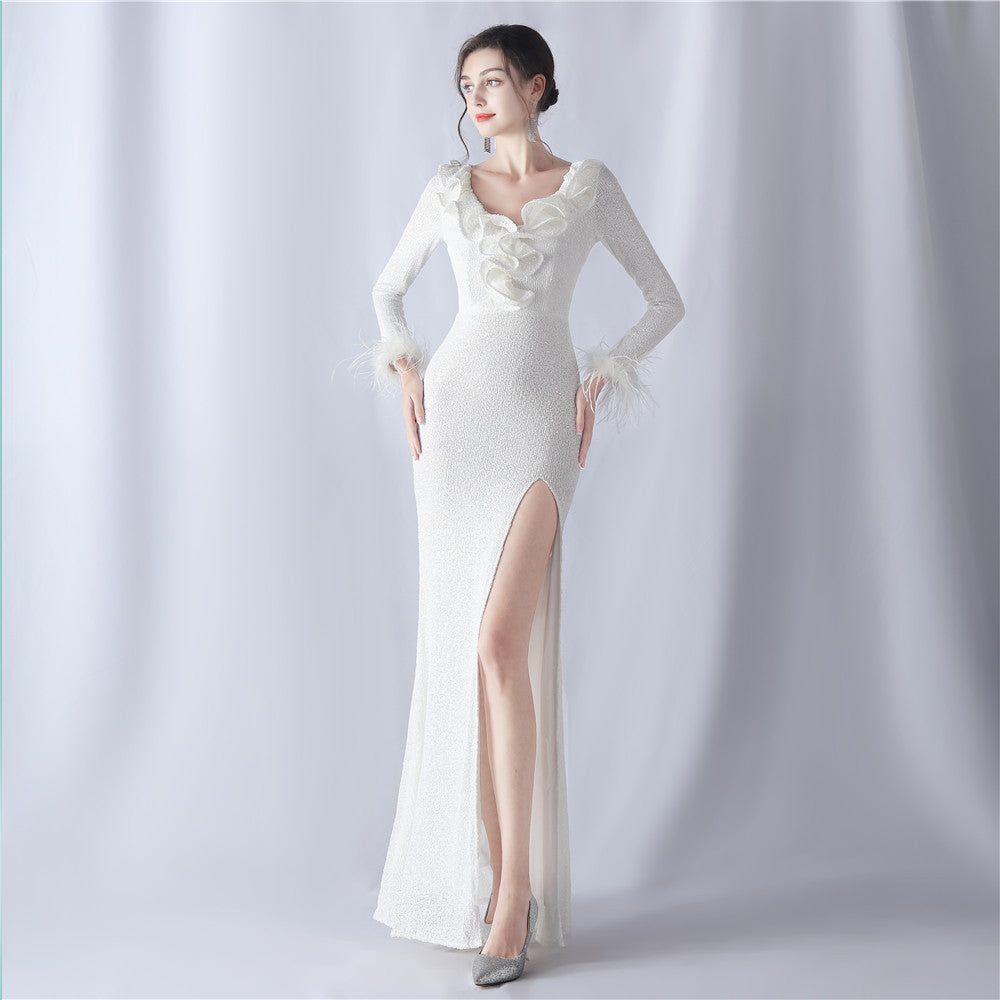 Ostrich Hair Craft Wave Sequin Decoration High End Evening Dress