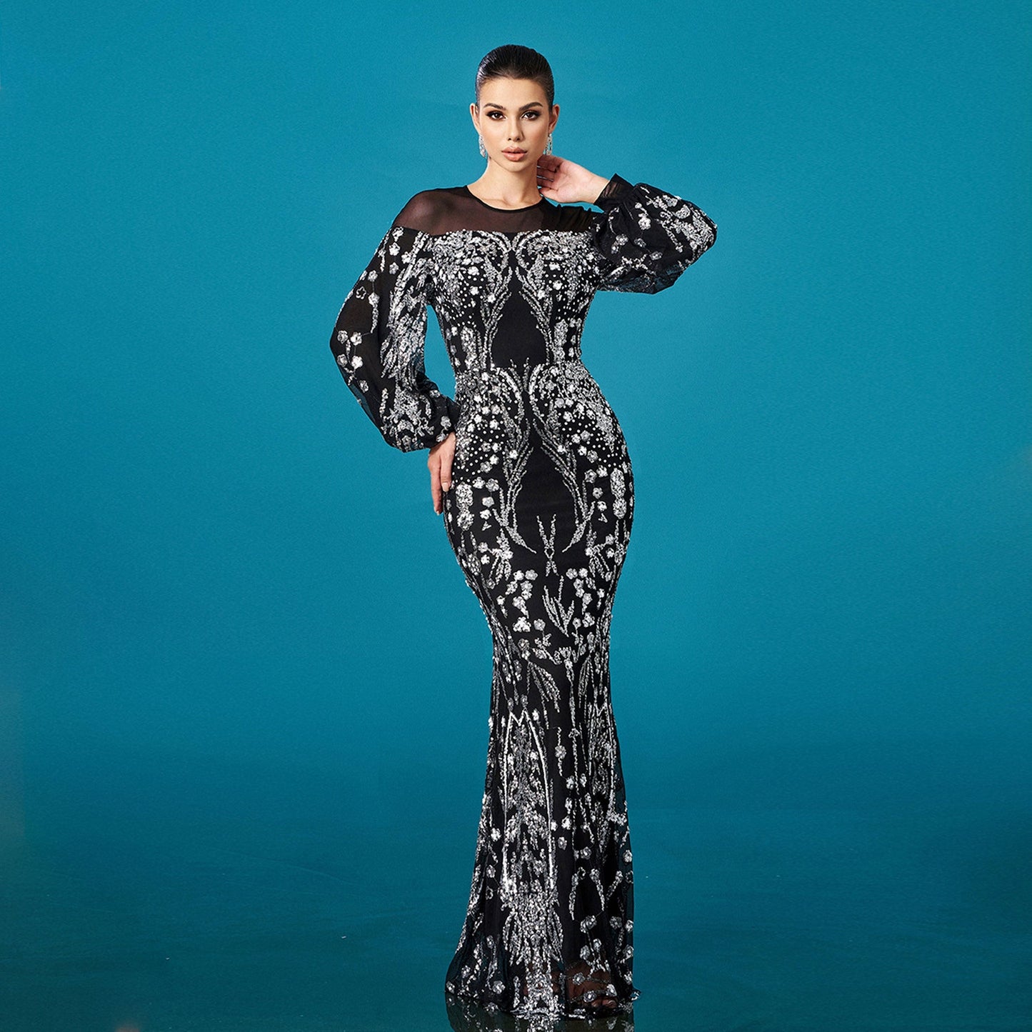 High Grade Long Sleeved round Neck Cocktail Sequined Sheath Fishtail Evening Dress Bridesmaid Dress