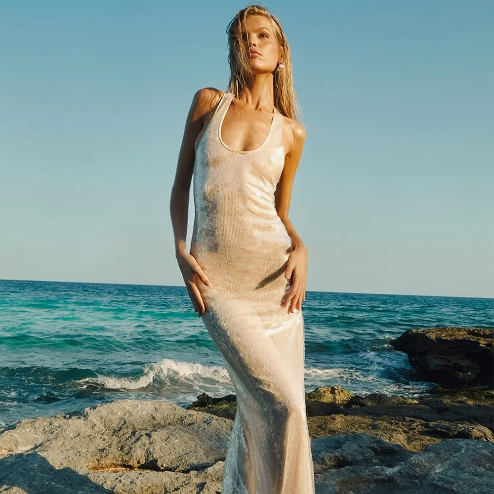 Wear Spaghetti Straps Sleeveless U Collar Slim Fit Sequined Dress