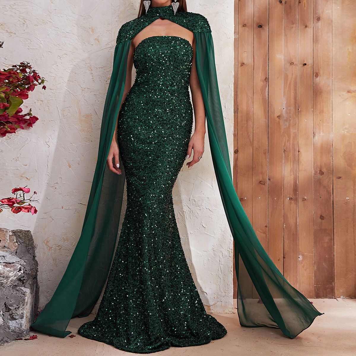 Popular Evening Dress Heavy Embroidery Sequ Halter Chiffon Long Sleeve Dress Fishtail Dress