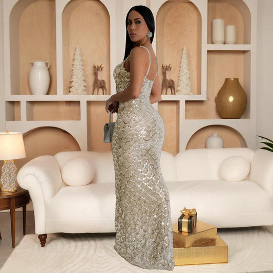 V neck See through Fan Shaped Sequin Sling DressElegant Ladies Party Dinner