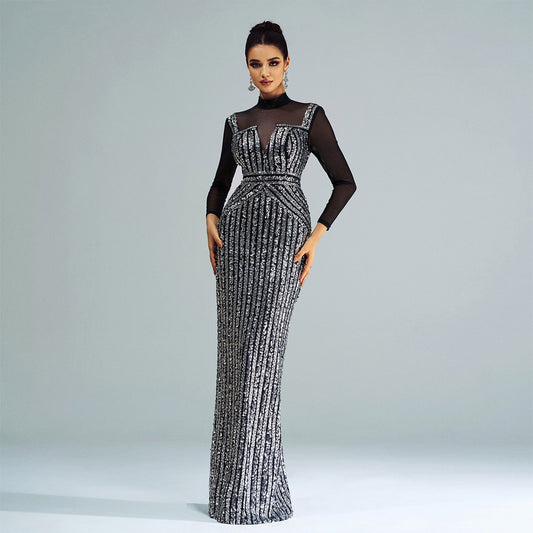 Long Sleeved round Neck Slim Fit Sheath Cocktail Sequined Fishtail Evening Dress