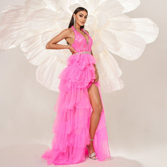 High End Sleeveless Elegant Halter Long Sequined Cocktail Evening Dress Bridesmaid Dress