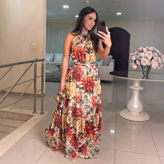 Clothes Printed Halter Dress Elegance Sleeveless Dress