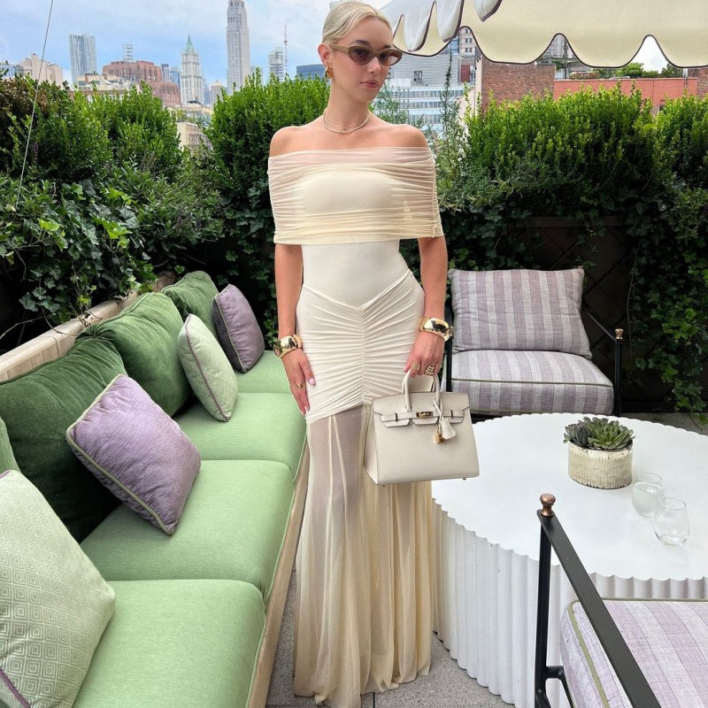 Tube Top Pleated Mesh Slim Fit Patchwork Dress Two Piece Set