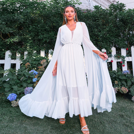 Elegant V Neck Super Long Sleeve Waist Tight Beach Vacation Long Bohemian Large Swing